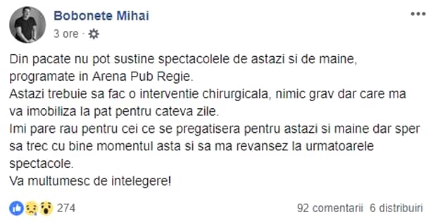 Mesajul postat de Mihai Bobonete. Sursă Facebook