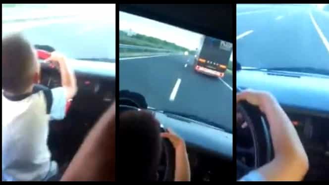Copil singur la volan pe autostradă! Băieţelul este filmat cum conduce maşina cu peste 120 de km/oră