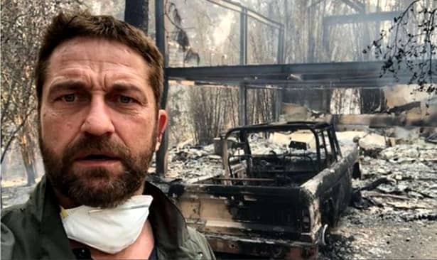 Gerard Butler şi-a pierdut casa în unul dintre incendiile devastatoare în California. Captură realizată cu actorul în timp ce îşi filma maşina carbonizată