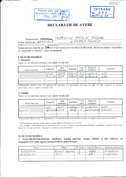 Declarația de avere a Șefului Brigăzii de Intervenție a Jandarmeriei arată că acesta are trei credite în valoare de 70.000 de euro.