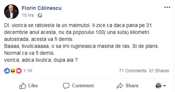Postarea lui Florin Călinescu de pe pagina sa de facebook