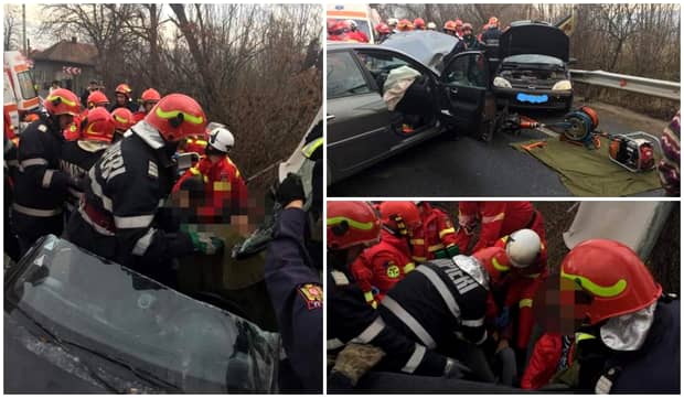 Clipe de groază în Hunedoara! Zeci de pompieri s-au chinuit să scoată trei fetițe dintr-o mașină care s-a făcut praf într-un accident