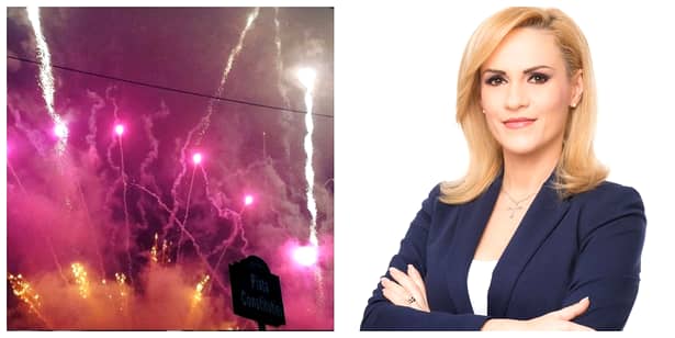 Colaj cu două poze în care apar focul de artificii din noaptea de Revelion din Piața Constituției și primarul Bucureștiului, Gabriela Firea