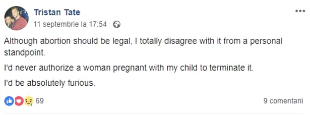 Tristan Tate, fostul iubit al Biancăi Drăgușanu, a participat la o dezbatere pe Facebook. ”Deși avortul ar trebui să fie legal, nu sunt de acord cu asta”