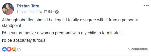 Tristan Tate a deschis o dezbatere despre avort pe facebook