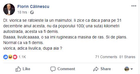 Postarea lui Florin Călinescu de pe pagina sa de facebook
