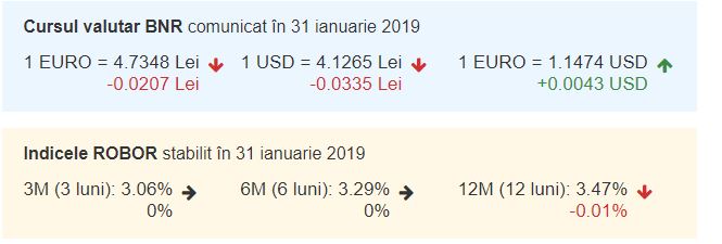 Curs BNR azi, 31 ianuarie 2019: Euro este în scădere continuă!