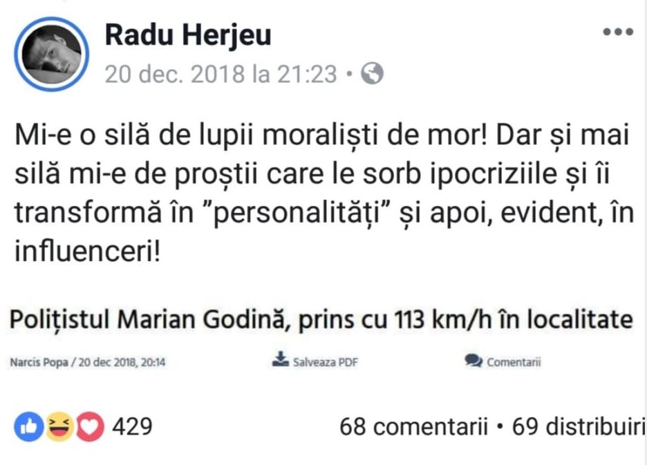 Radu Herjeu, atac dur la adresa polițistului Marian Godină 