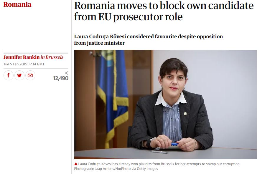 The Guardian: România încearcă să își blocheze propriul candidat pentru funcția de procuror șef european